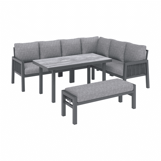 Conjunto de jantar de jardim para 8 pessoas - Conjunto de canto, estrutura em ferro galvanizado, mesa de vidro, corda trançada em PE feita à mão, inclui mesa, bancos e sofás - Cinza