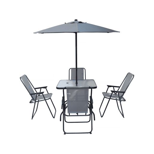 Mesa e cadeiras de jardim em metal Convivia com guarda-sol - 4 lugares - Cinzento claro
