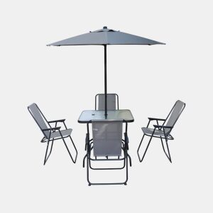 Mesa e cadeiras de jardim em metal Convivia com guarda-sol - 4 lugares - Cinzento claro