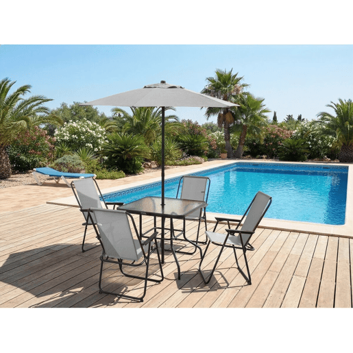 Mesa e cadeiras de jardim em metal Convivia com guarda-sol - 4 lugares - Cinzento claro