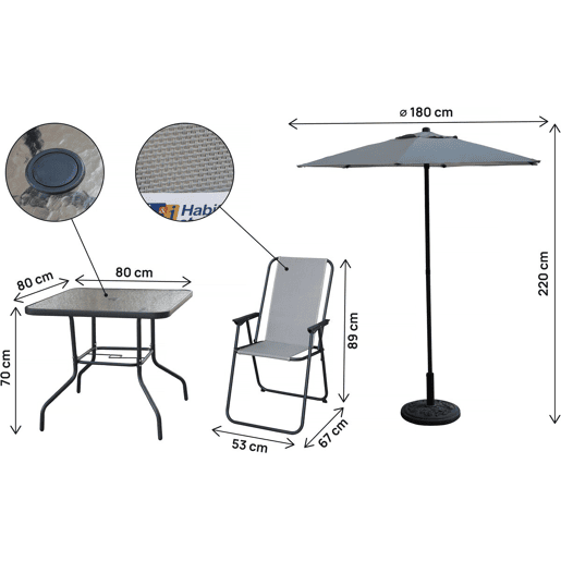 Mesa e cadeiras de jardim em metal Convivia com guarda-sol - 4 lugares - Cinzento claro