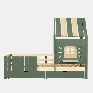 Cama infantil 90x200cm - com teto e janela, com banco de madeira, cerca de 4 lados, 2 gavetas - verde+natural