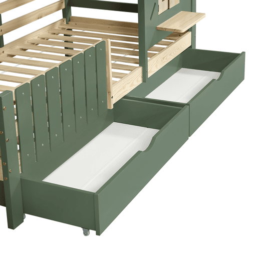 Cama infantil 90x200cm - com teto e janela, com banco de madeira, cerca de 4 lados, 2 gavetas - verde+natural Cama infantil 90x200cm - com teto e janela, com banco de madeira, cerca de 4 lados, 2 gavetas - verde+natural