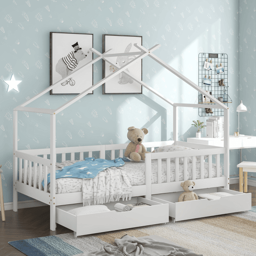 Cama casa 200x90 cm - Cama infantil com 2 gavetas, madeira maciça, com grade e estrado, com proteção contra quedas - Branco Cama casa 200x90 cm - Cama infantil com 2 gavetas, madeira maciça, com grade e estrado, com proteção contra quedas - Branco