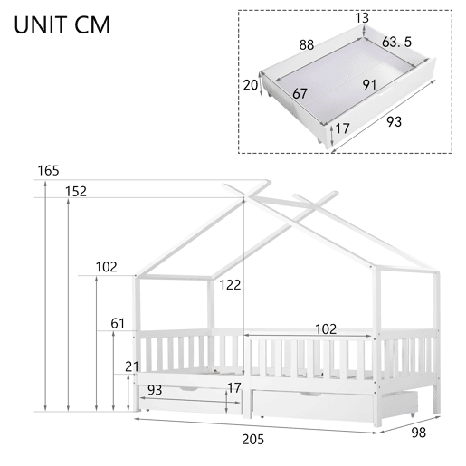 Cama casa 200x90 cm - Cama infantil com 2 gavetas, madeira maciça, com grade e estrado, com proteção contra quedas - Branco Cama casa 200x90 cm - Cama infantil com 2 gavetas, madeira maciça, com grade e estrado, com proteção contra quedas - Branco