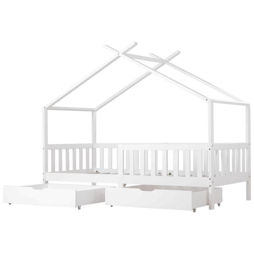 Cama casa 200x90 cm - Cama infantil com 2 gavetas, madeira maciça, com grade e estrado, com proteção contra quedas - Branco Cama casa 200x90 cm - Cama infantil com 2 gavetas, madeira maciça, com grade e estrado, com proteção contra quedas - Branco