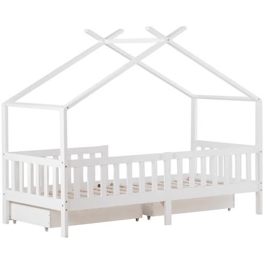 Cama casa 200x90 cm - Cama infantil com 2 gavetas, madeira maciça, com grade e estrado, com proteção contra quedas - Branco Cama casa 200x90 cm - Cama infantil com 2 gavetas, madeira maciça, com grade e estrado, com proteção contra quedas - Branco