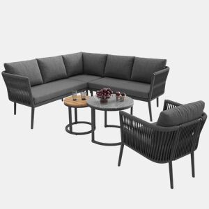 Conjunto de lounge de jardim para 5-6 pessoas - Sofá modular de exterior de 6 peças com assentos em corda e almofadas impermeáveis - Cinza