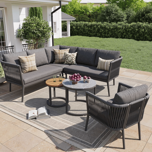 Conjunto de lounge de jardim para 5-6 pessoas - Sofá modular de exterior de 6 peças com assentos em corda e almofadas impermeáveis - Cinza