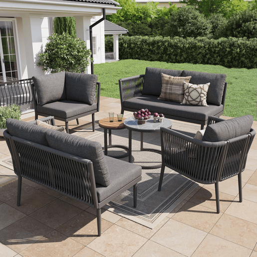 Conjunto de lounge de jardim para 5-6 pessoas - Sofá modular de exterior de 6 peças com assentos em corda e almofadas impermeáveis - Cinza