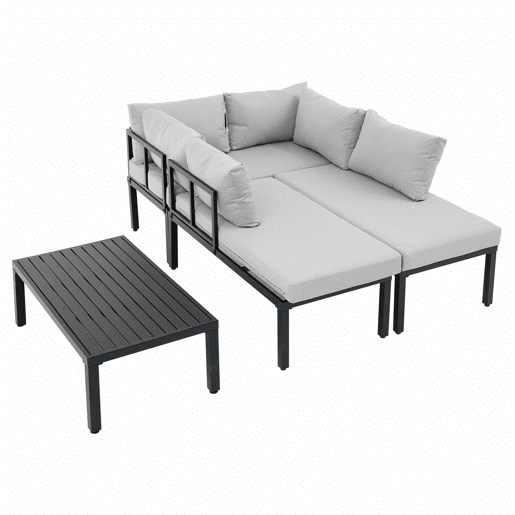 Conjunto de jardim para 6 pessoas - cadeiras modulares com encosto removível e pés ajustáveis, mesa em ferro galvanizado - cinzento