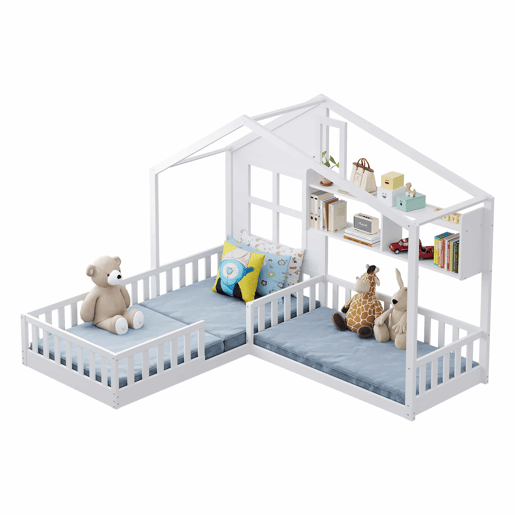 Cama infantil 90 x 200 cm (140 x 70 cm) u2013 com prateleiras, luz LED e gaveta de madeira com grade de segurança u2013 Branco