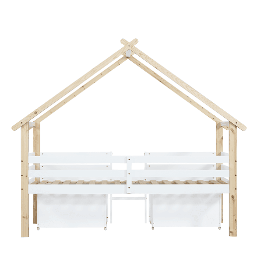 Cama infantil 90x200cm - Cama tipo casa com teto, com grades nas 4 laterais, com escada, 2 compartimentos com rodas - Branco+Natural
