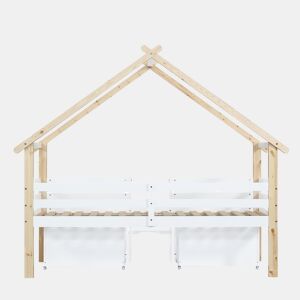 Cama infantil 90x200cm - Cama tipo casa com teto, com grades nas 4 laterais, com escada, 2 compartimentos com rodas - Branco+Natural