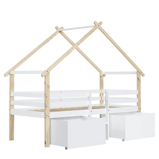 Cama infantil 90x200cm - Cama tipo casa com teto, com grades nas 4 laterais, com escada, 2 compartimentos com rodas - Branco+Natural