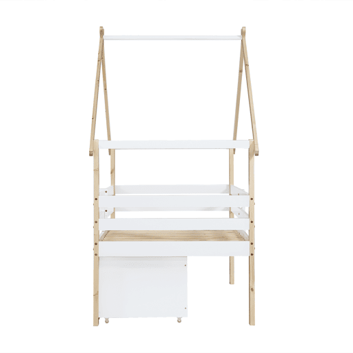 Cama infantil 90x200cm - Cama tipo casa com teto, com grades nas 4 laterais, com escada, 2 compartimentos com rodas - Branco+Natural
