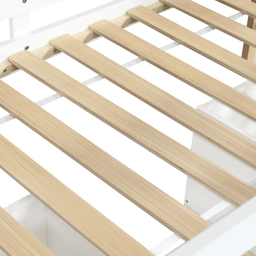Cama infantil 90x200cm - Cama tipo casa com teto, com grades nas 4 laterais, com escada, 2 compartimentos com rodas - Branco+Natural