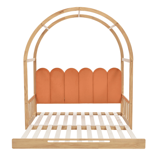 Cama infantil extensível 140x200 cm - com dossel arqueado, gaveta deslizante e almofadas de veludo - Natural e Laranja