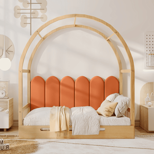 Cama infantil extensível 140x200 cm - com dossel arqueado, gaveta deslizante e almofadas de veludo - Natural e Laranja