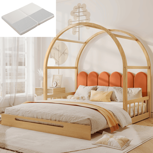 Cama infantil extensível 140x200 cm - com dossel arqueado, gaveta deslizante e almofadas de veludo - Natural e Laranja
