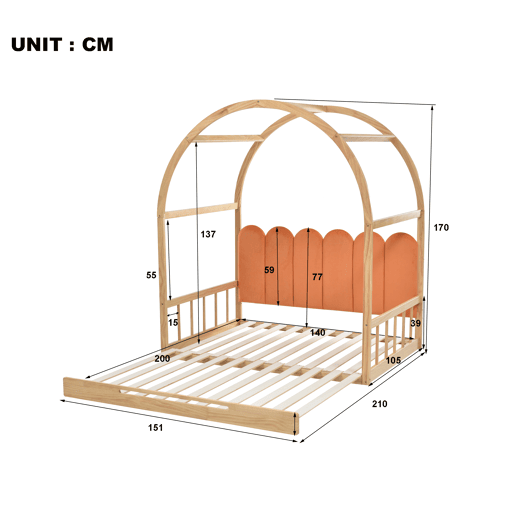 Cama infantil extensível 140x200 cm - com dossel arqueado, gaveta deslizante e almofadas de veludo - Natural e Laranja