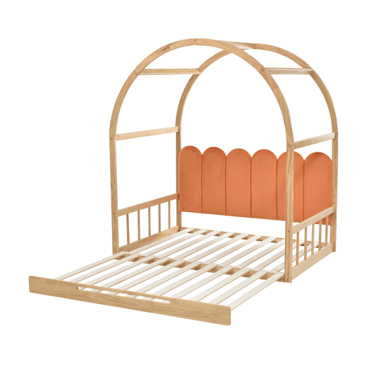 Cama infantil extensível 140x200 cm - com dossel arqueado, gaveta deslizante e almofadas de veludo - Natural e Laranja