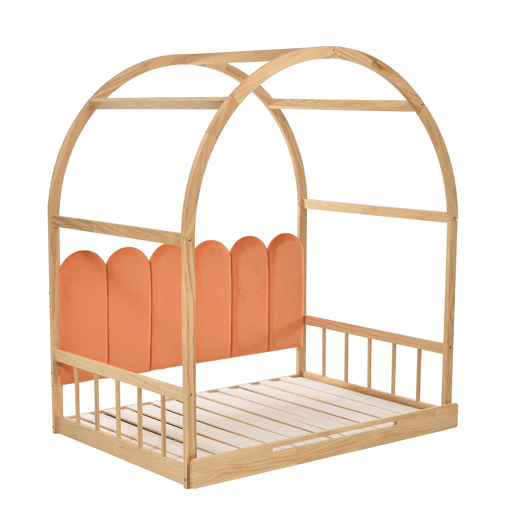 Cama infantil extensível 140x200 cm - com dossel arqueado, gaveta deslizante e almofadas de veludo - Natural e Laranja