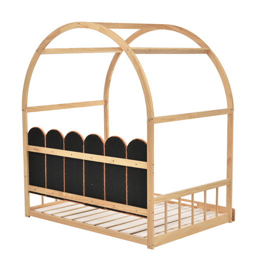 Cama infantil extensível 140x200 cm - com dossel arqueado, gaveta deslizante e almofadas de veludo - Natural e Laranja