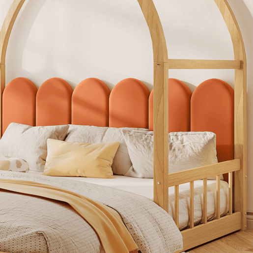 Cama infantil extensível 140x200 cm - com dossel arqueado, gaveta deslizante e almofadas de veludo - Natural e Laranja