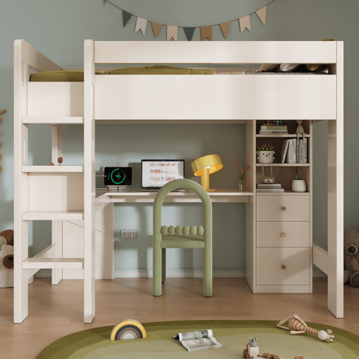 Cama alta 90x200 cm - Com secretária em L, prateleiras, gavetas e área de carregamento USBType-C - Branco