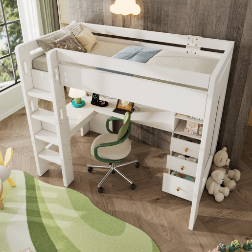 Cama alta 90x200 cm - Com secretária em L, prateleiras, gavetas e área de carregamento USBType-C - Branco