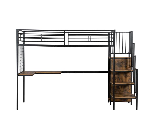 Cama literas 90x200cm - con mesa y armario, con escalera lateral, hierro y tablero de partículas - negro+madera oscura