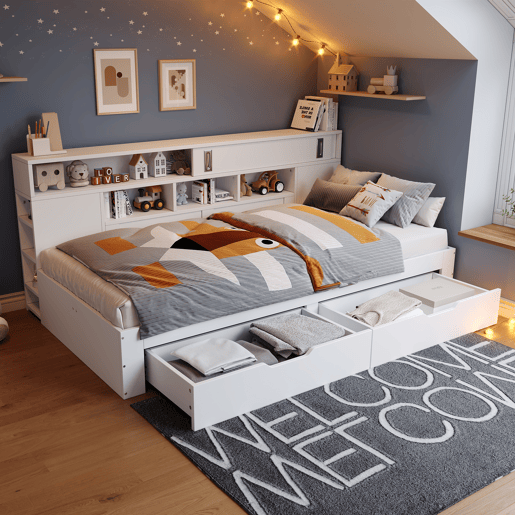 Cama infantil tipo sofá-cama 90x200 - individual multifuncional com gavetas, estante e arrumação - branco