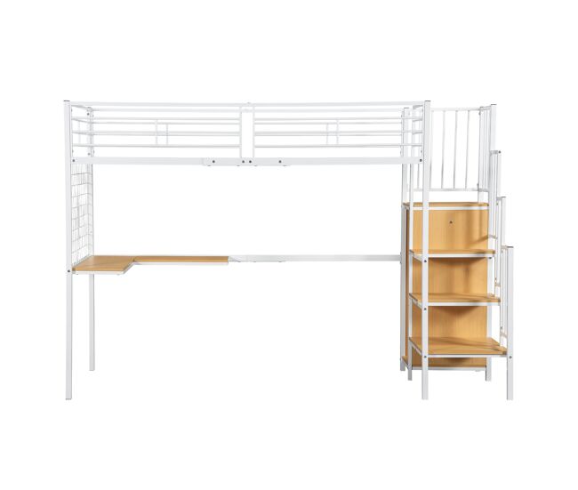 Cama de hierro 90x200cm - cama alta con escritorio y armario, escalera lateral con barandilla - blanco+natural