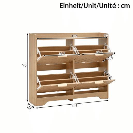 Sapateira com 4 compartimentos - Estrutura frontal em 3D, superfície superior para arrumação, compacta - Natural