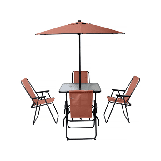 Mesa e cadeiras de jardim em metal Convivia com guarda-sol - 4 lugares - Terracota
