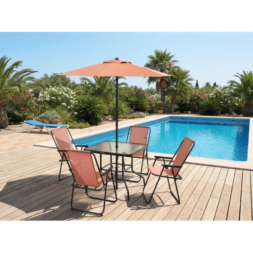 Mesa e cadeiras de jardim em metal Convivia com guarda-sol - 4 lugares - Terracota