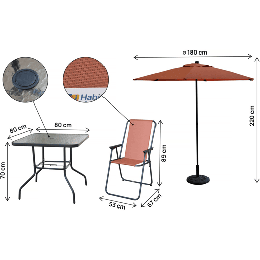 Mesa e cadeiras de jardim em metal Convivia com guarda-sol - 4 lugares - Terracota