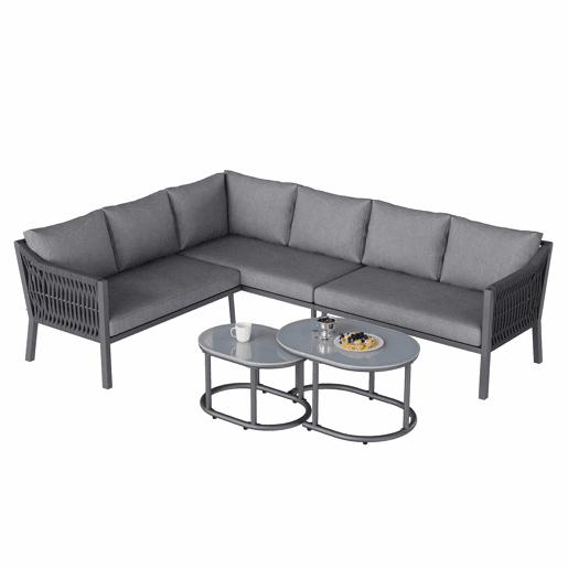 Conjunto de jantar de jardim para 6 pessoas - disposição em canto, ferro galvanizado, tampo de mesa em vidro, corda trançada à mão, inclui sofá e duas mesas de centro - cinzento