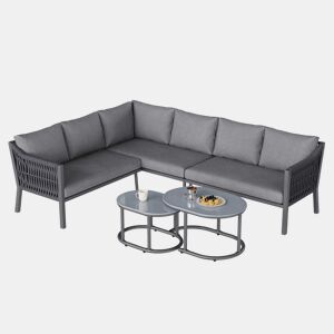 Conjunto de jantar de jardim para 6 pessoas - disposição em canto, ferro galvanizado, tampo de mesa em vidro, corda trançada à mão, inclui sofá e duas mesas de centro - cinzento
