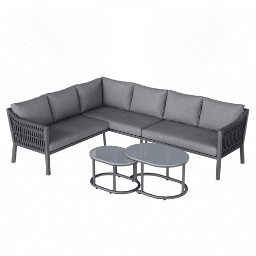 Conjunto de jantar de jardim para 6 pessoas - disposição em canto, ferro galvanizado, tampo de mesa em vidro, corda trançada à mão, inclui sofá e duas mesas de centro - cinzento