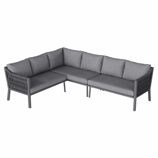 Conjunto de jantar de jardim para 6 pessoas - disposição em canto, ferro galvanizado, tampo de mesa em vidro, corda trançada à mão, inclui sofá e duas mesas de centro - cinzento