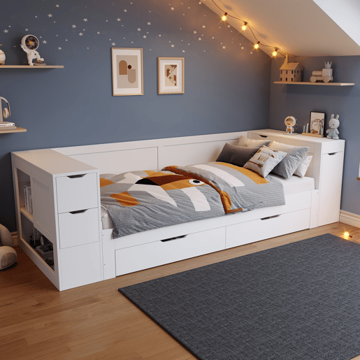 Cama infantil, 90x200 - cama individual multifuncional com gavetas, prateleiras e arrumação, com mesa de cabeceira - branco Cama infantil, 90x200 - cama individual multifuncional com gavetas, prateleiras e arrumação, com mesa de cabeceira - branco