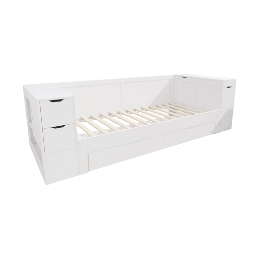 Cama infantil, 90x200 - cama individual multifuncional com gavetas, prateleiras e arrumação, com mesa de cabeceira - branco Cama infantil, 90x200 - cama individual multifuncional com gavetas, prateleiras e arrumação, com mesa de cabeceira - branco