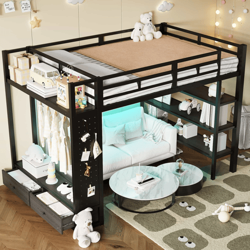 Cama alta 140x200 - armário aberto, prateleiras, painel perfurado e luz LED - preto