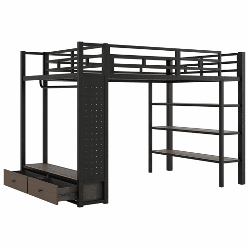 Cama alta 140x200 - armário aberto, prateleiras, painel perfurado e luz LED - preto