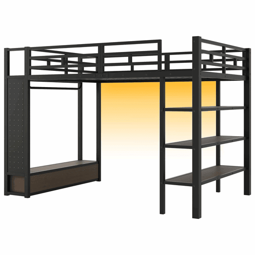 Cama alta 140x200 - armário aberto, prateleiras, painel perfurado e luz LED - preto