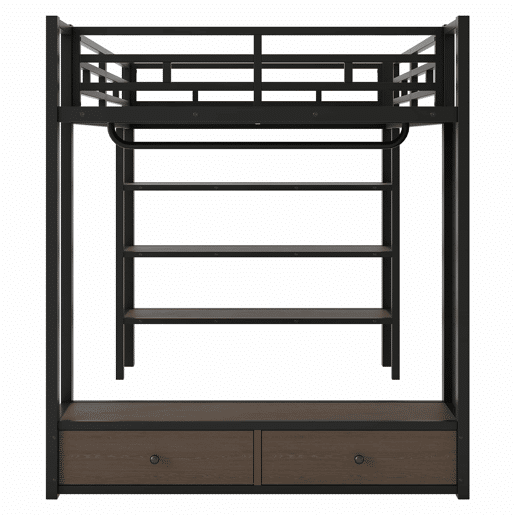 Cama alta 140x200 - armário aberto, prateleiras, painel perfurado e luz LED - preto