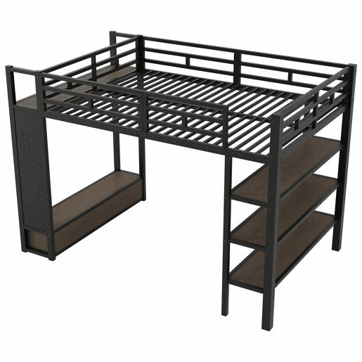 Cama alta 140x200 - armário aberto, prateleiras, painel perfurado e luz LED - preto