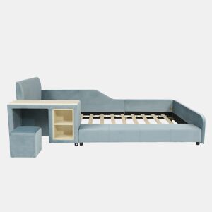 Cama individual 90x200cm - Cama com secretária e banco para crianças, com prateleira, cabeceira macia, ripas de madeira, veludo - Azul